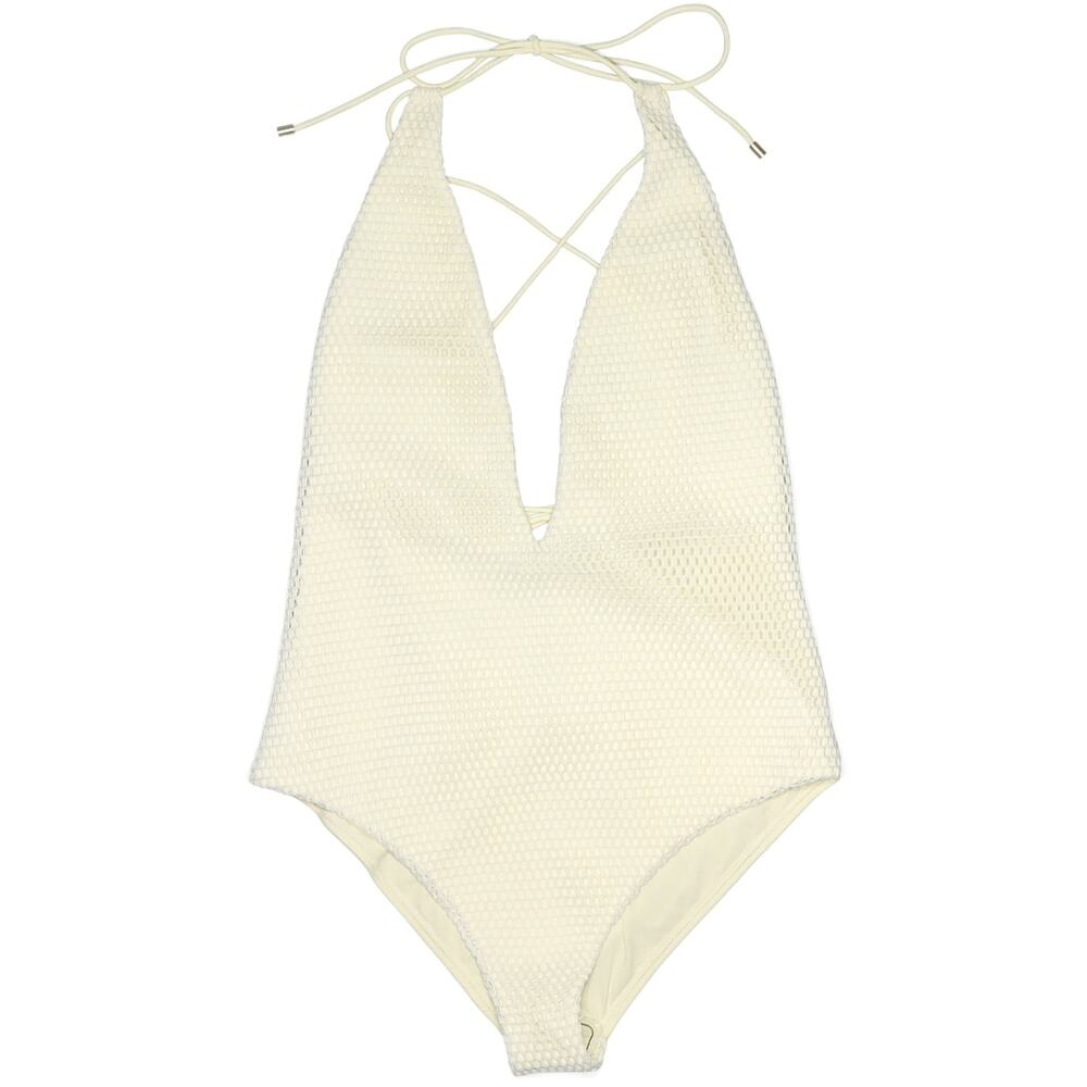 SAND & BLUE Cher mesh net plunge neck luxe one piece swimsuit in ecru Size L NEW